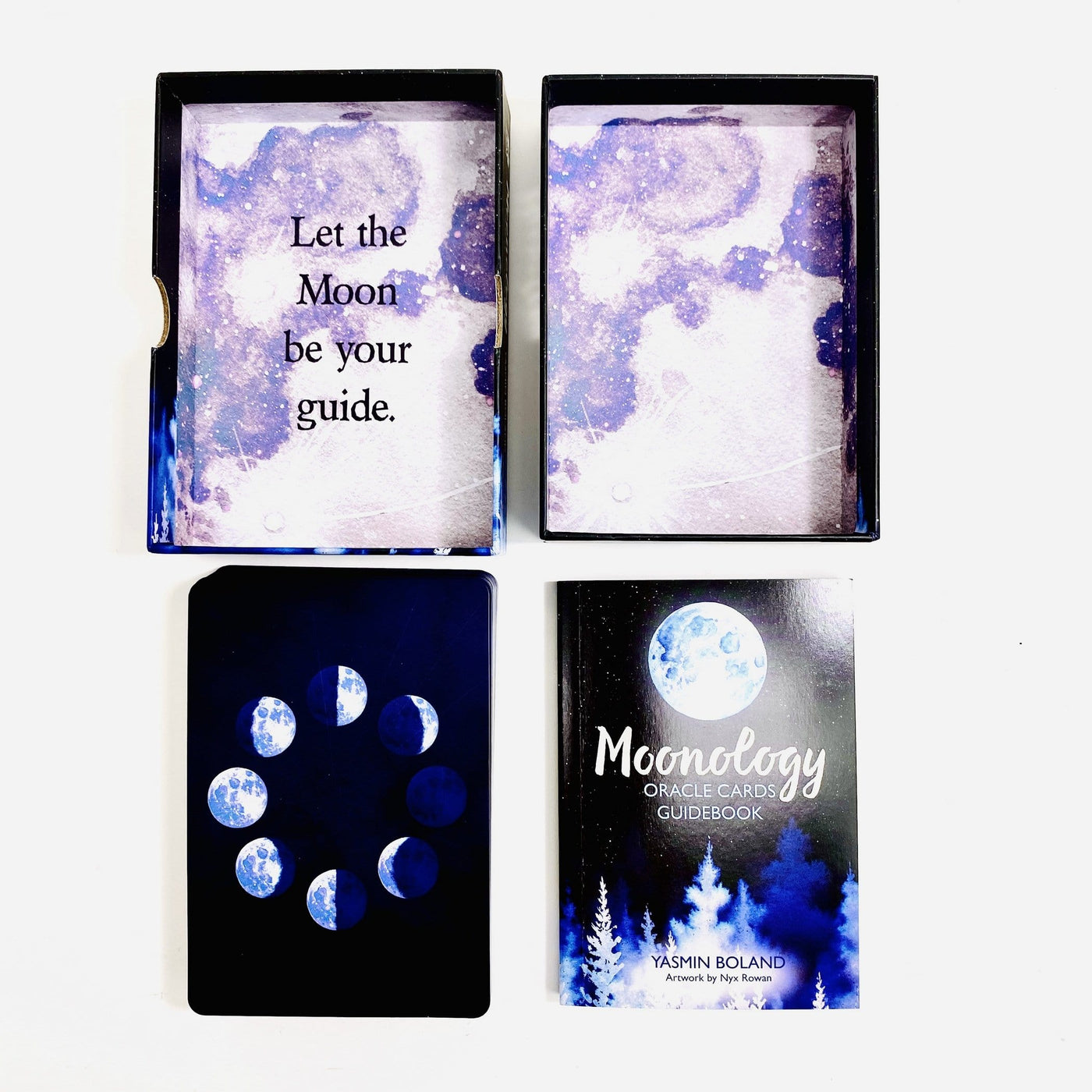 Moonology Oracle Cards Deck Open box, with cards book and box on display 