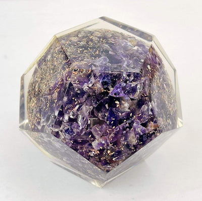 Orgone in Dodecahedron shape Amethyst with Gold Flower of Life Grid from back side close up