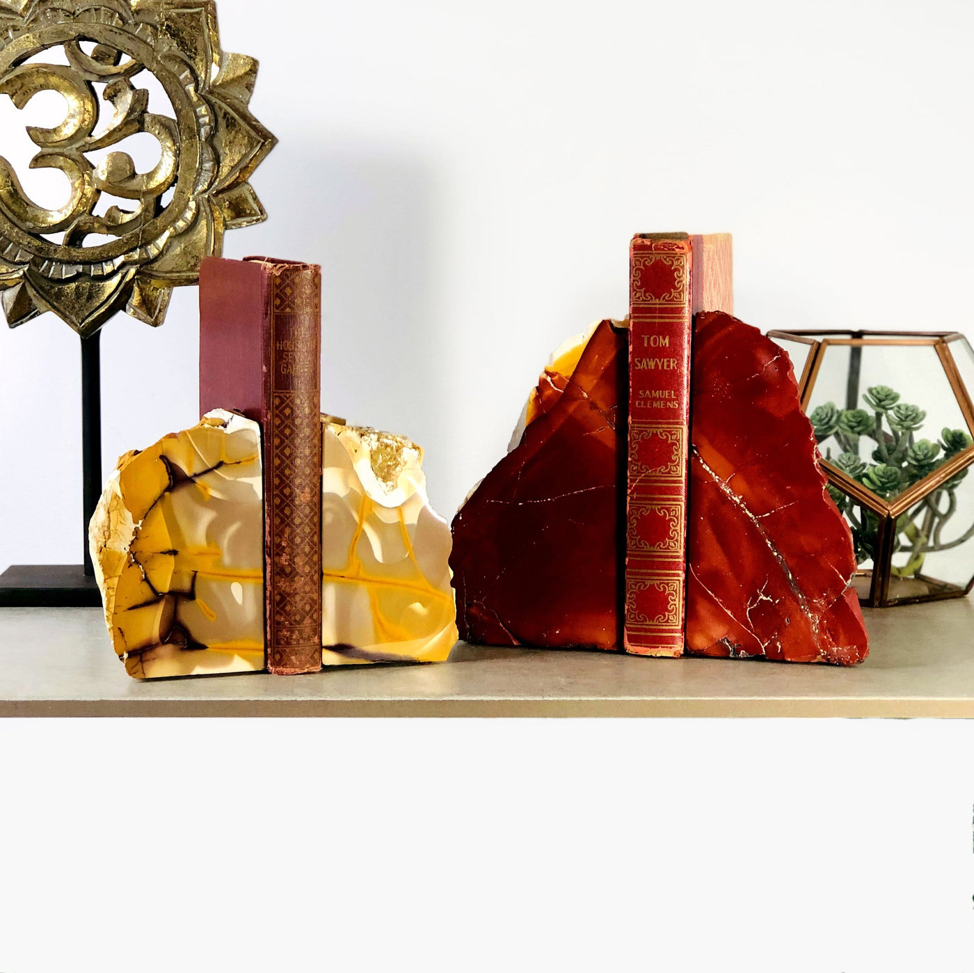 Mookaite Bookends displayed to show color pattern differences in yellow tones and red tones