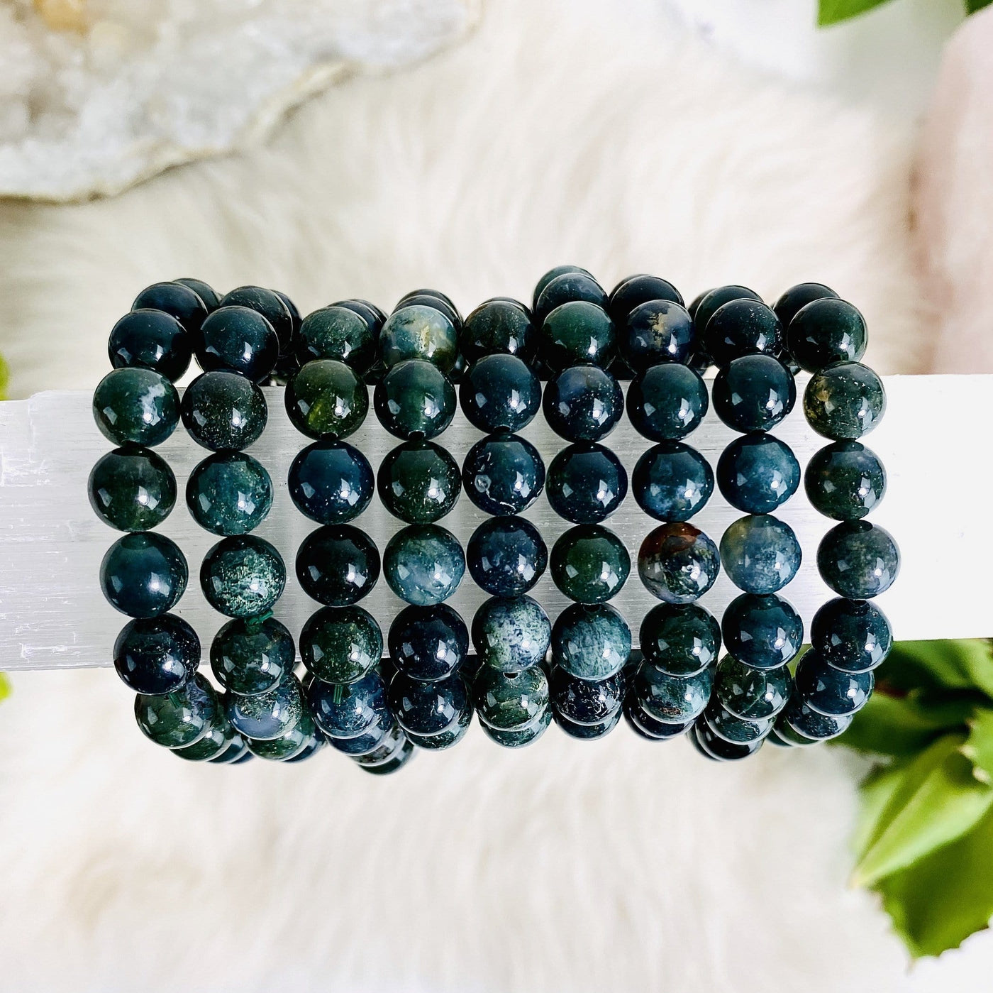 Moss Agate Round Bead Crystal Bracelets