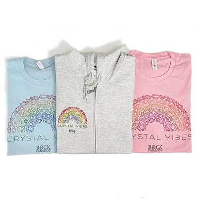 Crystal Vibes Shirts and Hoodies in blue, gray, and pink