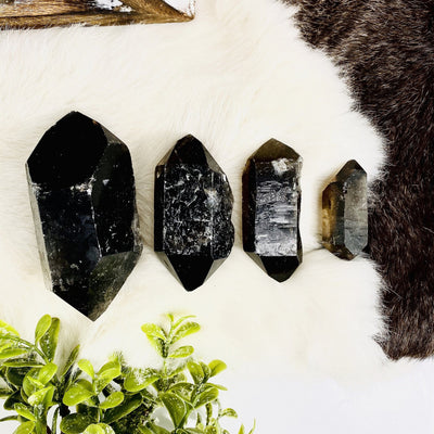 overhead view of four different smokey quartz raw double point weights laying flat with backdrop for size reference and possible variations