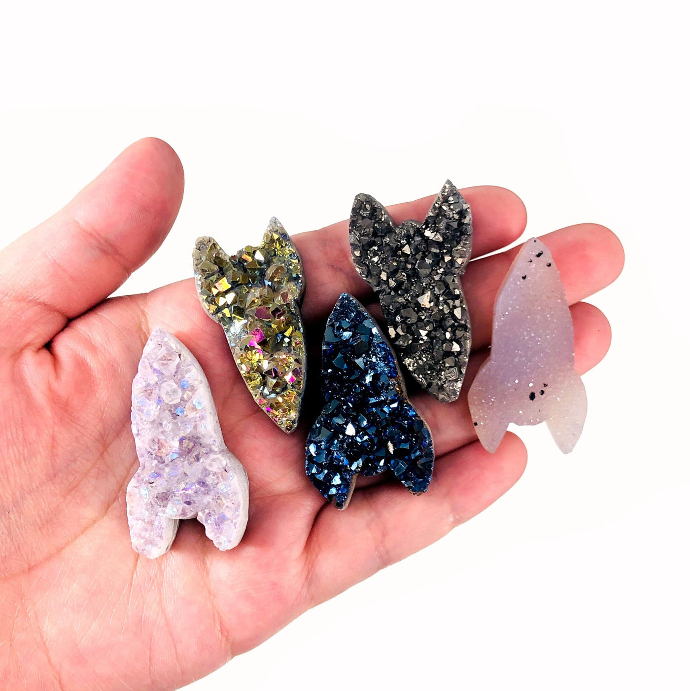 5 Druzy Rocket Shaped Cabochons in hand for size reference