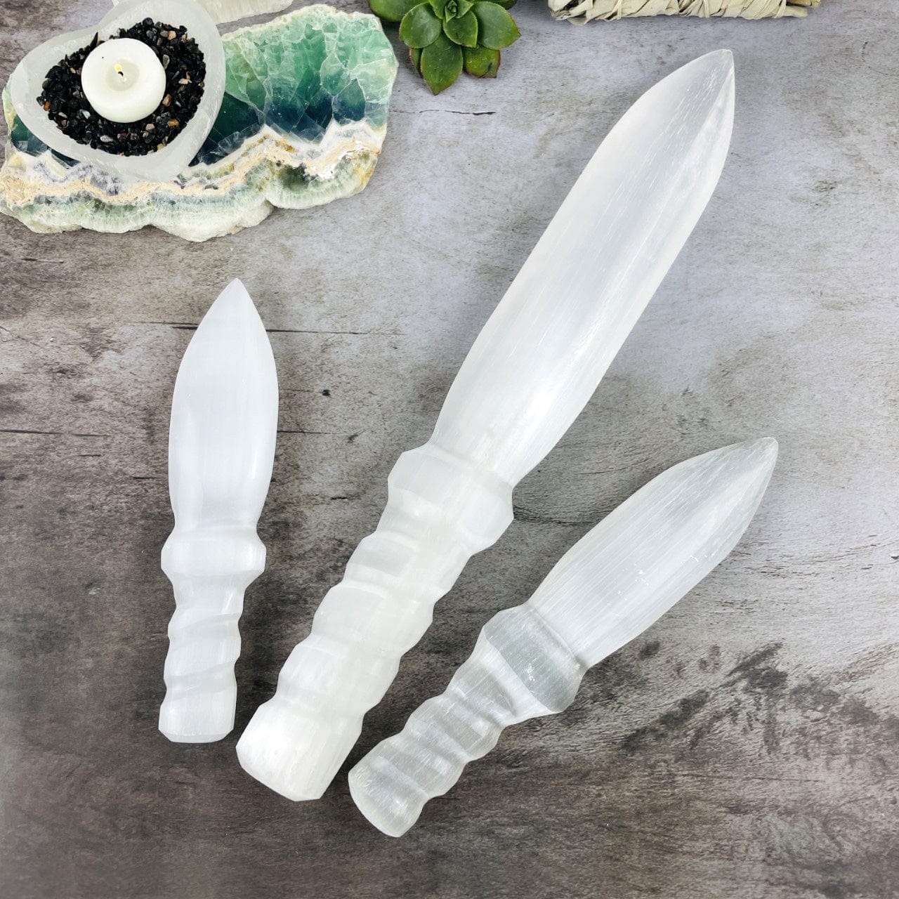 3 sizes of Selenite Knives with Twisted Handles