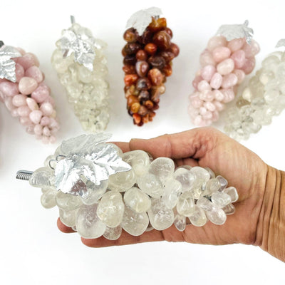 Polished Stone Grape Bunch with Silver Leaf  with one in hand for size reference
