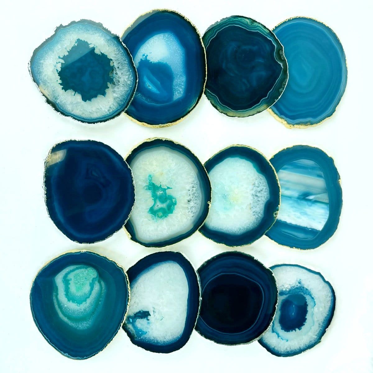 12 Teal Agate coasters with a silver / gold electroplated edge, Slices measure about 3.5-5"