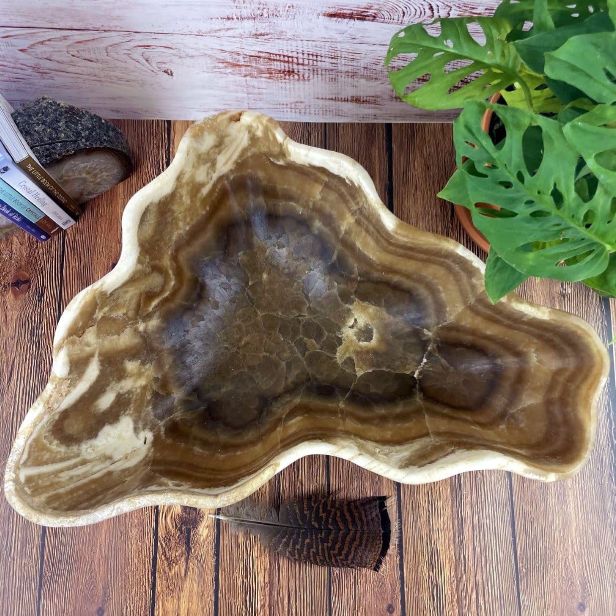 top view of Mexican Onyx Bowl with decorations in the background