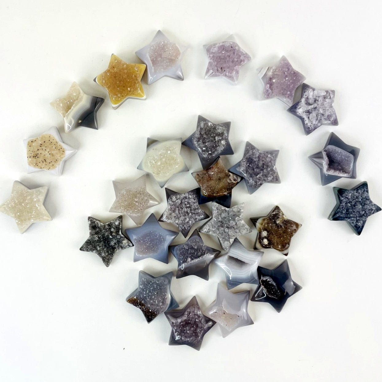 Front facing agate Druzy Star Crescent Cabochons on a white background.