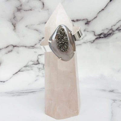 titanium druzy angel aura agate bracelet on rose quartz tower