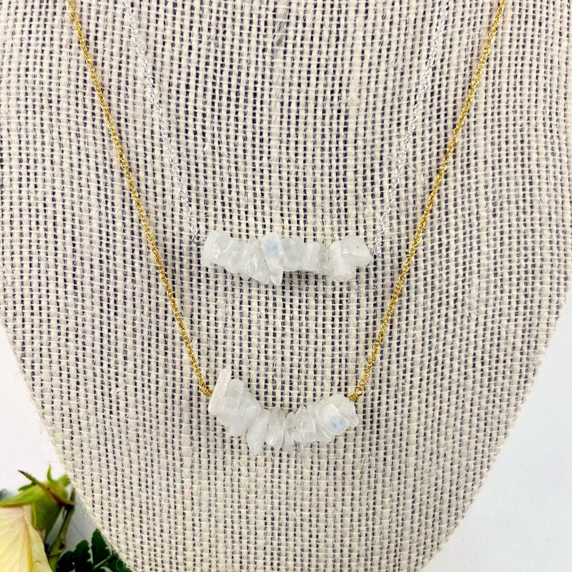 Moonstone Stone Necklace - June Birthstone - Gold over Sterling or Sterling Silver Adjustable Length shown upclose