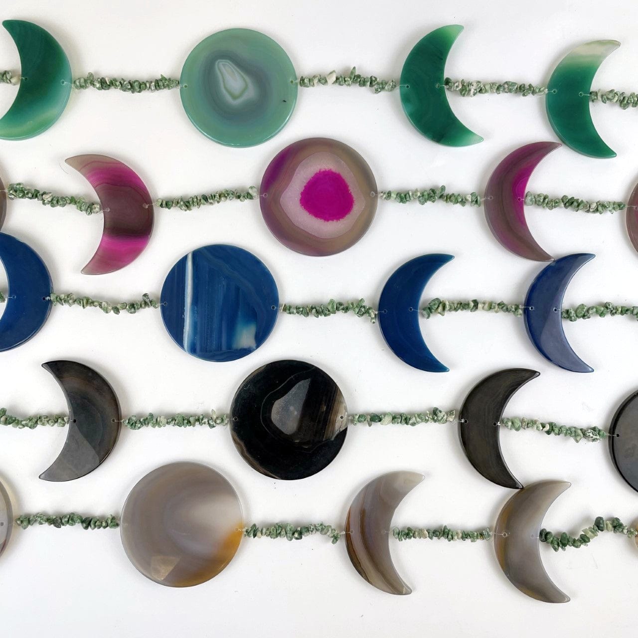 Agate Moon Phase Horizontal Wall Hangings with Moss Agate Beads up close