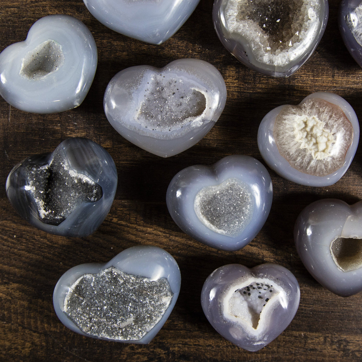 Close up of agate druzy hearts to show druzy and pattern variation.