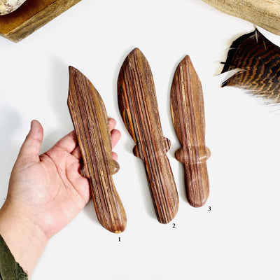 Petrified Wood Knifes on a white background showing three different knife shape