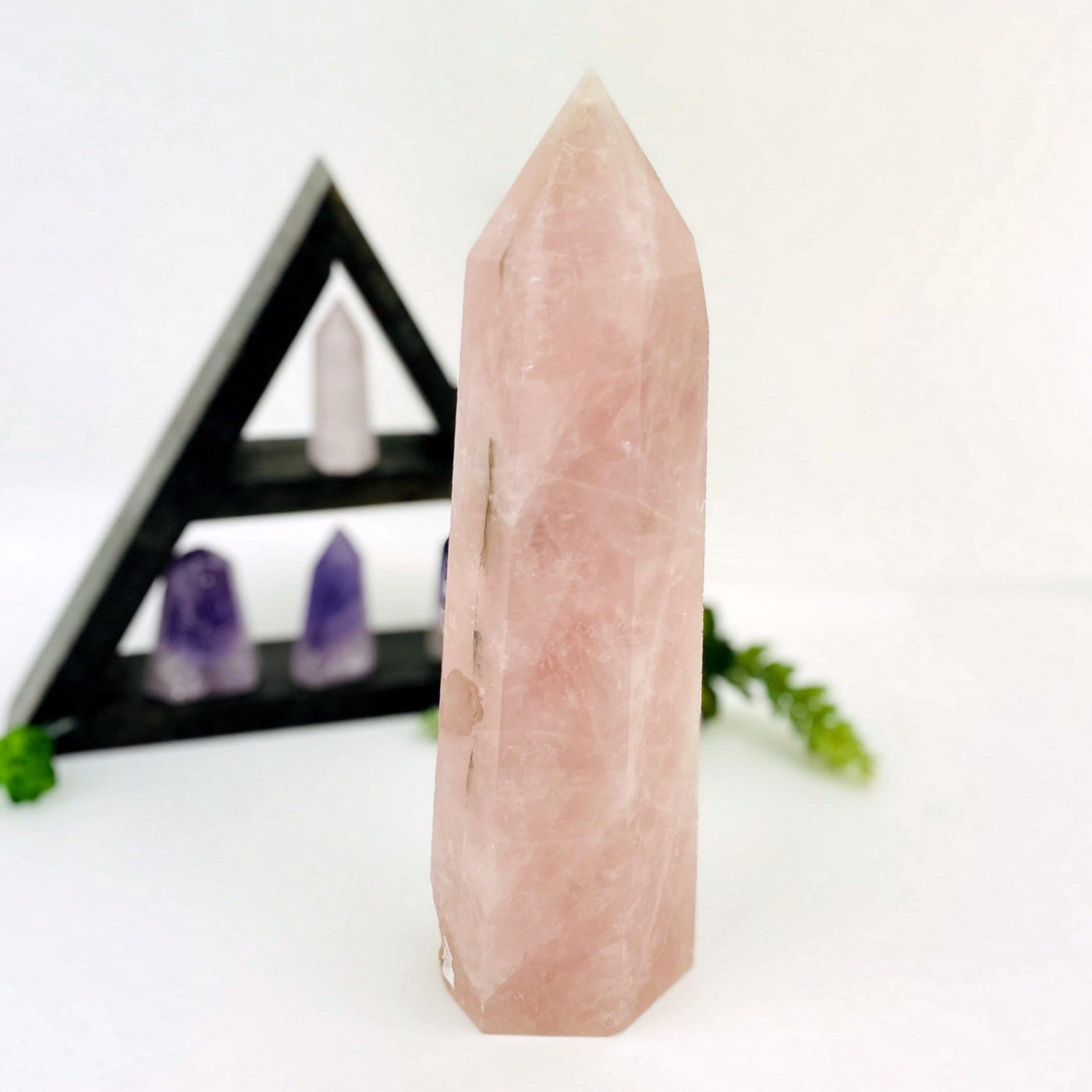 Rose Quartz Polished Point Stone with triangular display with crystals blurred on white background
