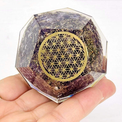 Orgone in Dodecahedron shape Amethyst with Gold Flower of Life Grid in a hand for size reference