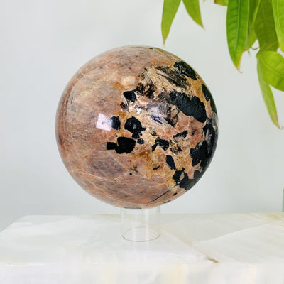  Side shot of Black tourmaline with Feldspar sphere, the sphere is also being displayed on an acrylic stand, However acrylic stand will not be included with this item.