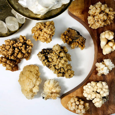 birds eye view of 11 Calcite Druzy Formations on a white and wood background