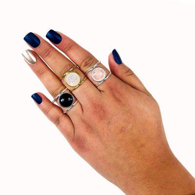 Round Gemstone Accent adjustable Rings in Electroplated Gold or Silver on 3 fingers to show how it fits