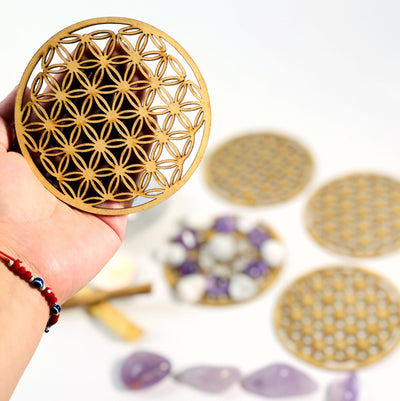hand holding a flower of life grid