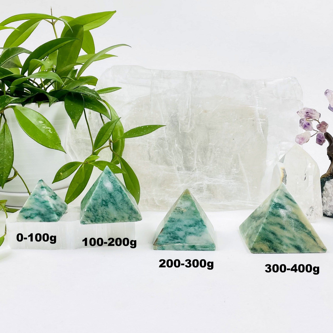 fuchsite pyramids available in 0-100g, 100-200g, 200-300g, and 300-400grams