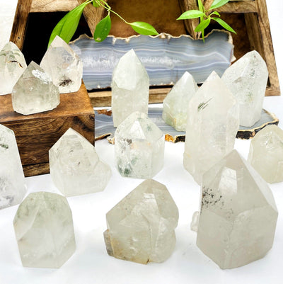 many semi-polished quartz with chlorite point on display for possible variations