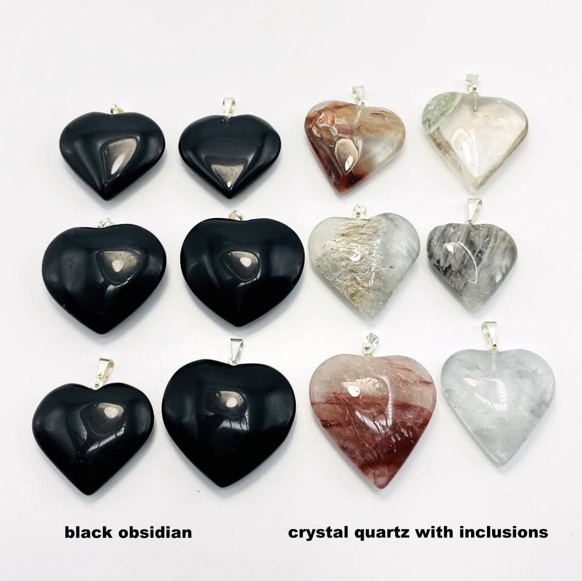 Gemstone Heart Pendants with Silver Toned Bail come in black obsidian and crystal quartz with inclusions