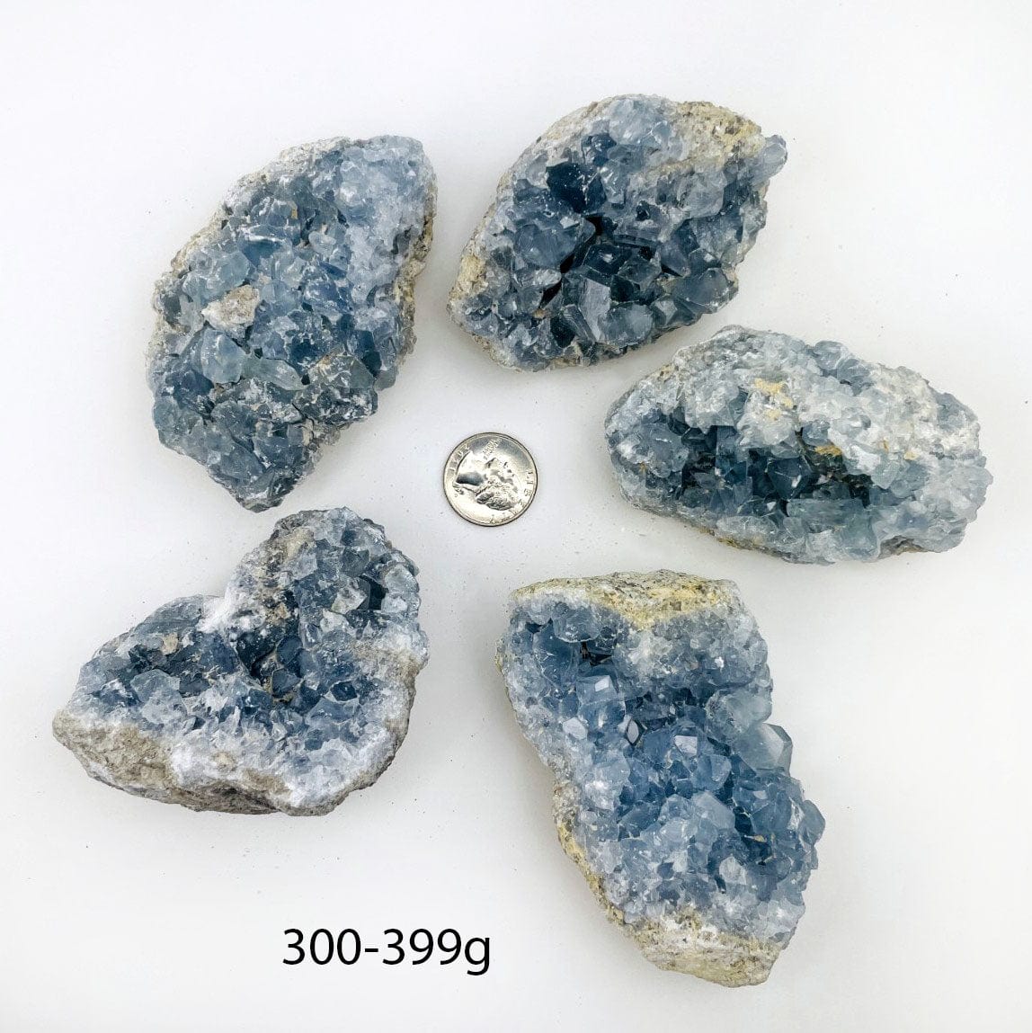 Celestite Crystals in size 300-399g next to a quarter for size reference