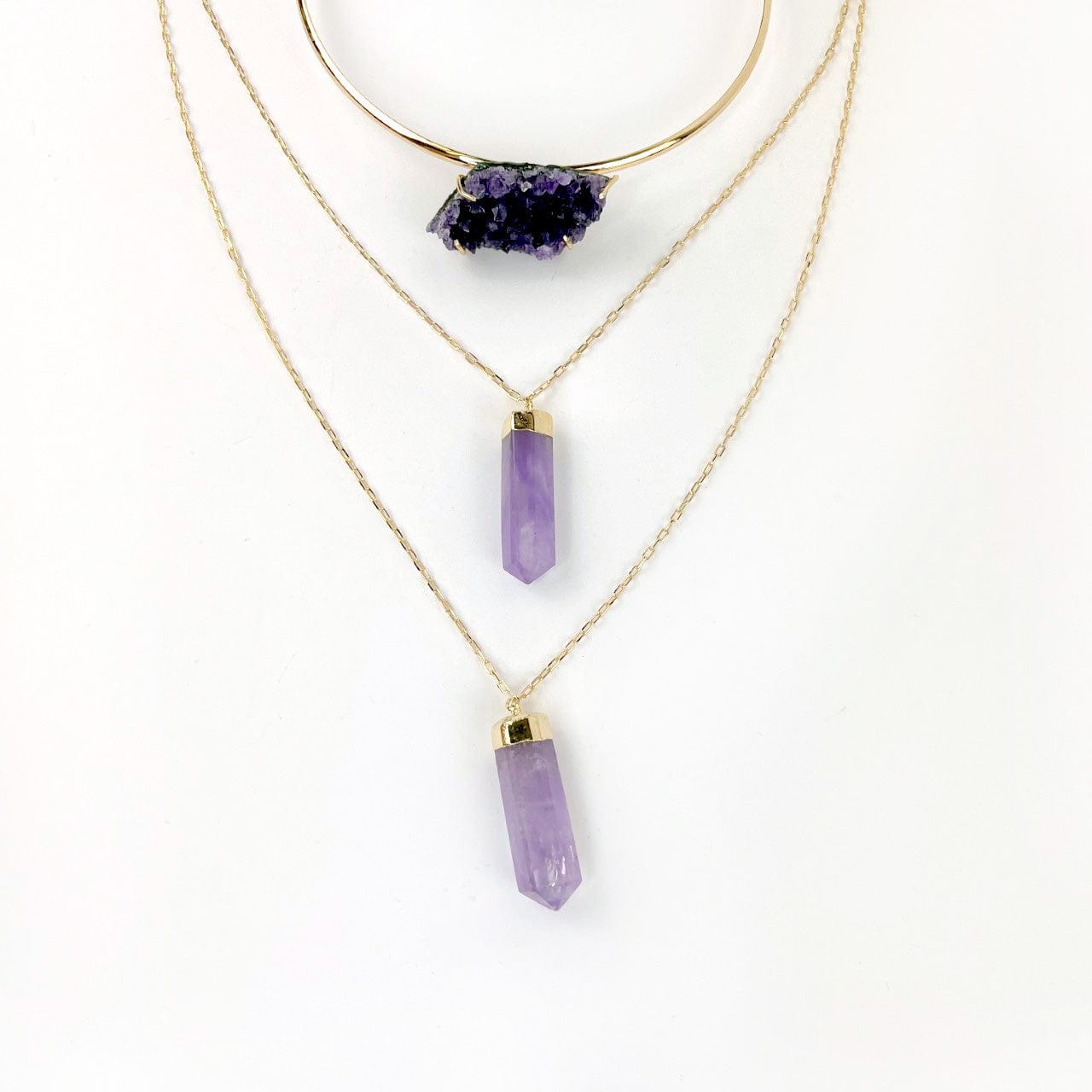 Amethyst Layering Necklace, choker has a cluster, the middle a point and the 3rd another point
