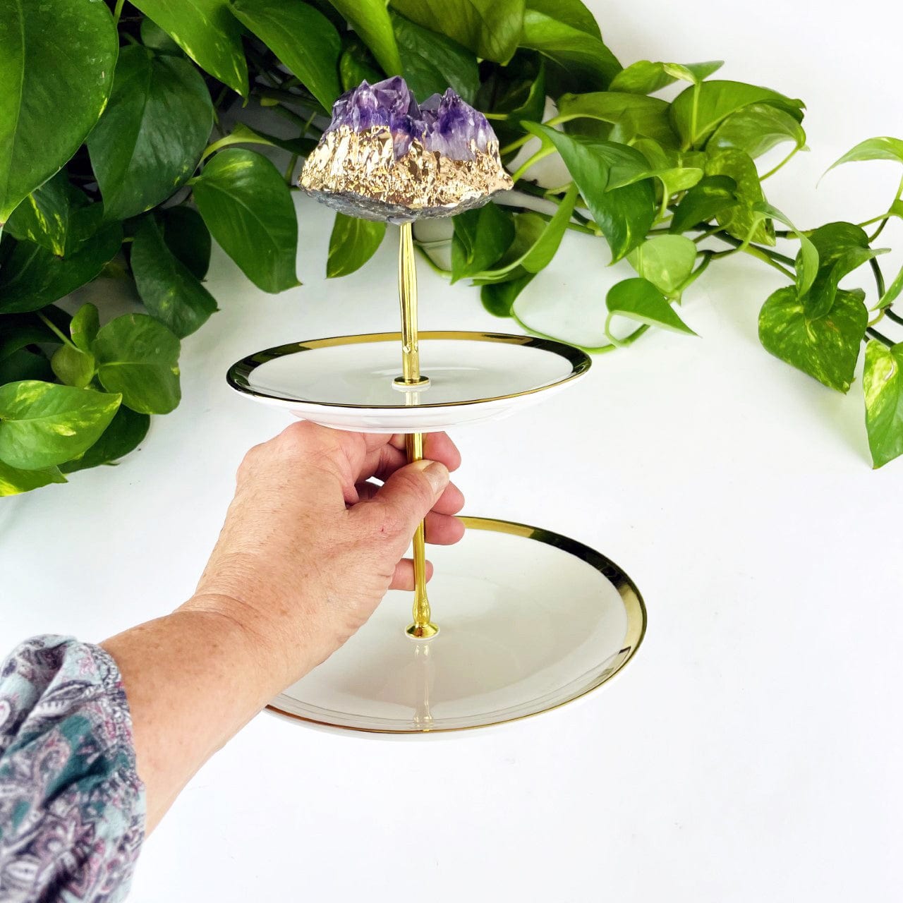 Amethyst Crystal Cluster with Gold Electroplated Edge Topper- 2 Tier Fruit Plate in hand