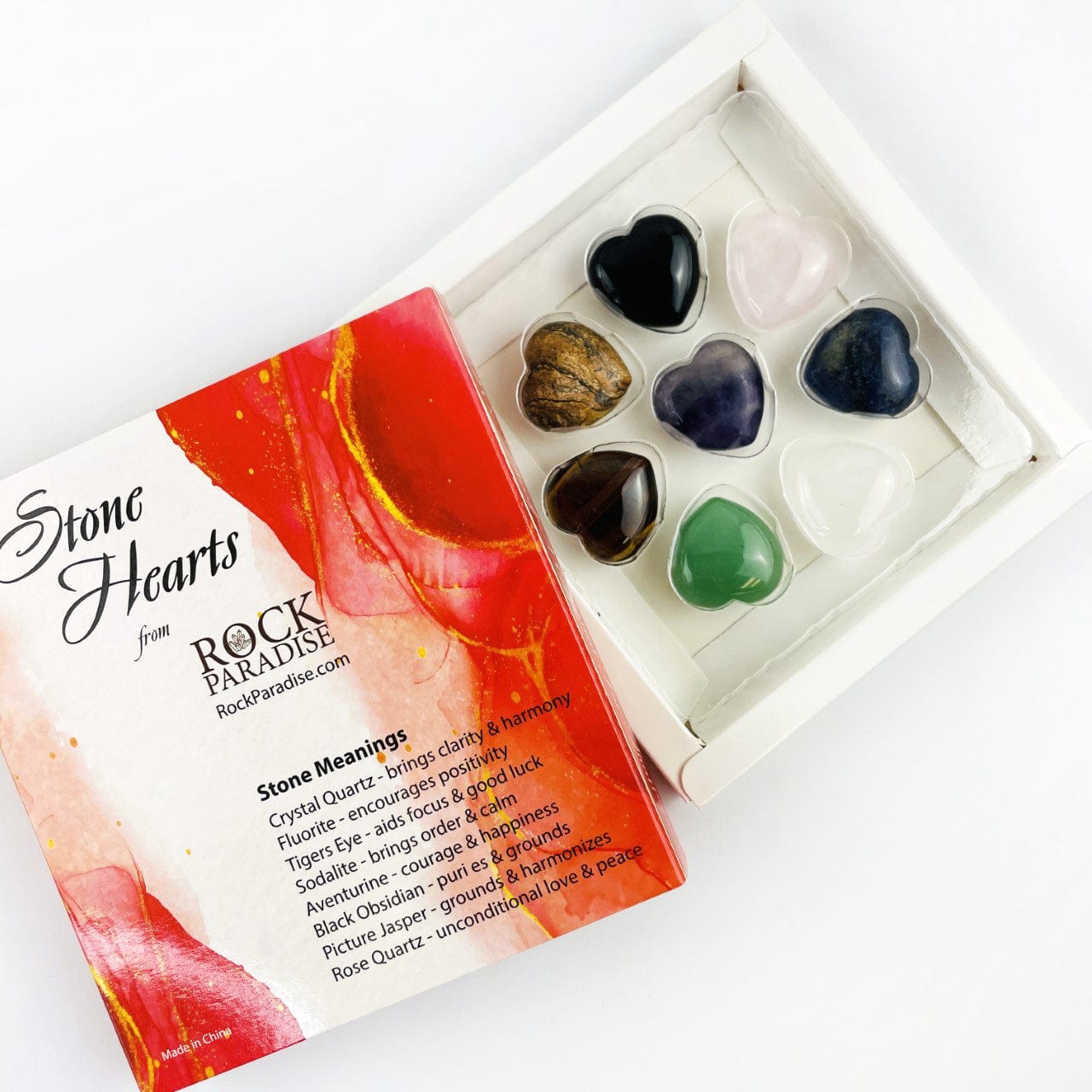 8 heart shaped stones in a opened box set