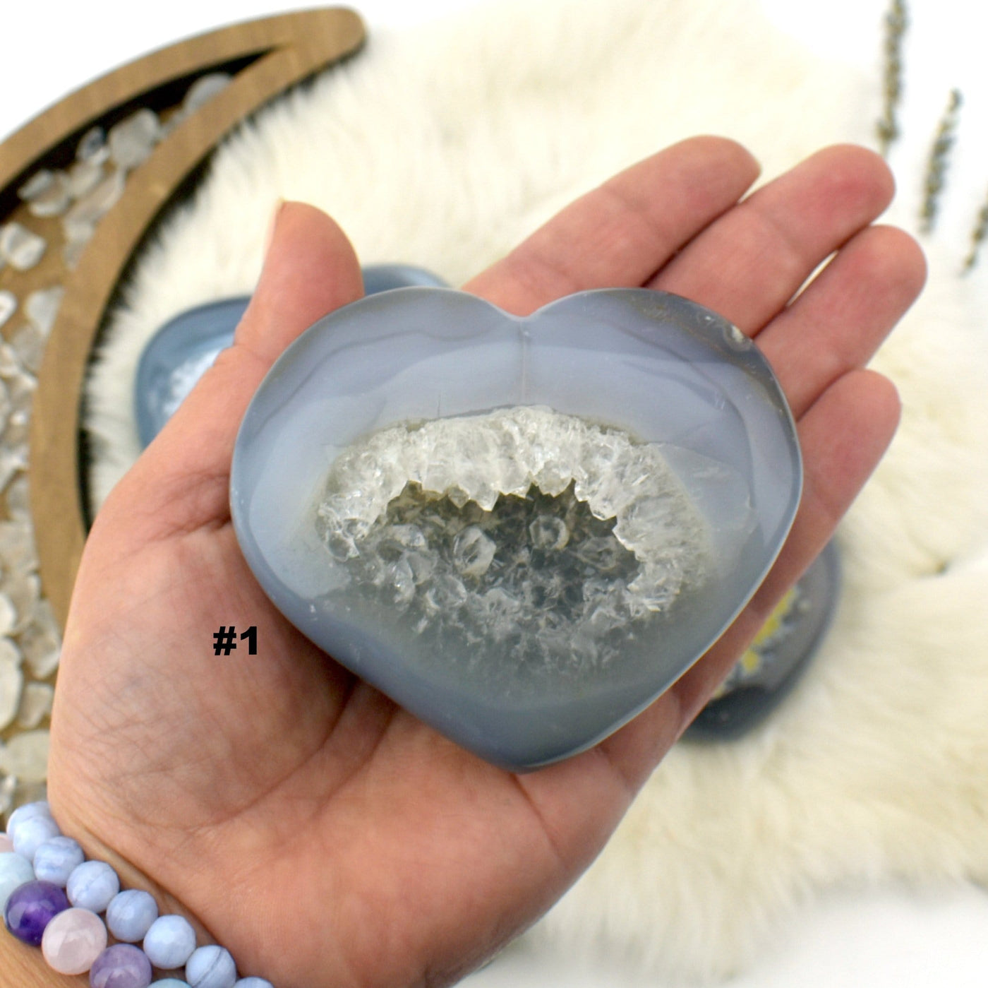 Front facing Agate Druzy Heart #1 in a hand.