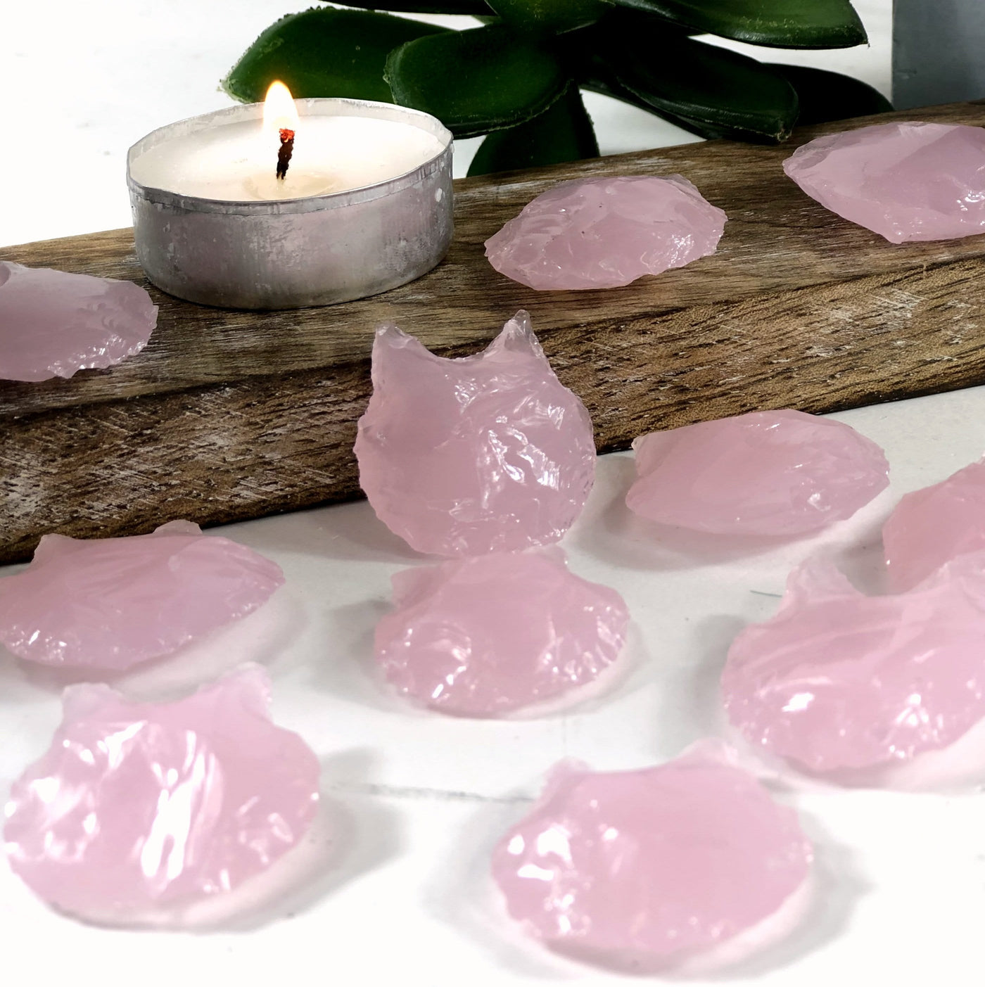 a multitude of rose quartz cat heads with one leaning against a piece of wood with a white backdrop
