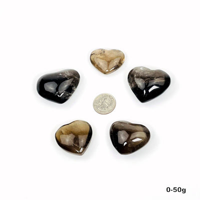 five 0g - 50g smokey quartz polished hearts on white background for possible variations  with quarter for size reference
