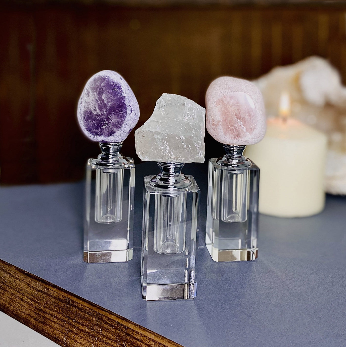 Perfume Bottles with Stone Dispenser Amethyst, Crystal Quartz, and Rose Quartz  