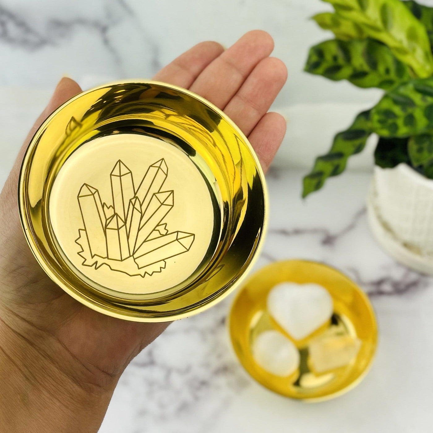 Crystals engraved Brass Offering Bowls on hand for size comparison