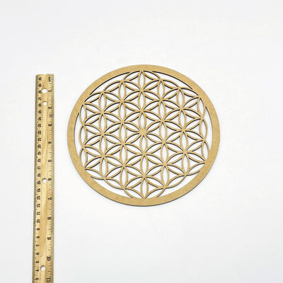 flower of life crystal grid next to a ruler for size reference