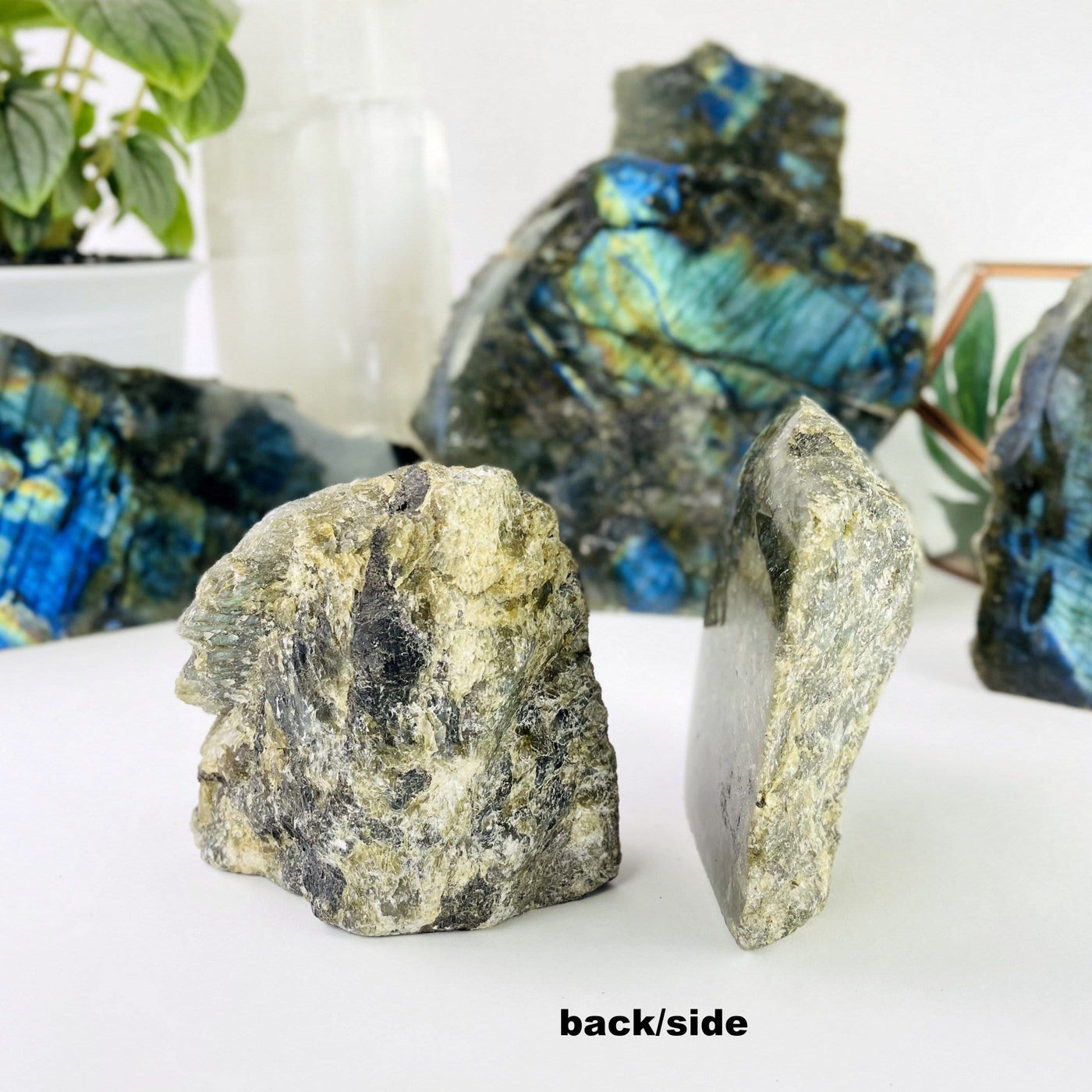 back and side view of labradorite bases to show non polished sides