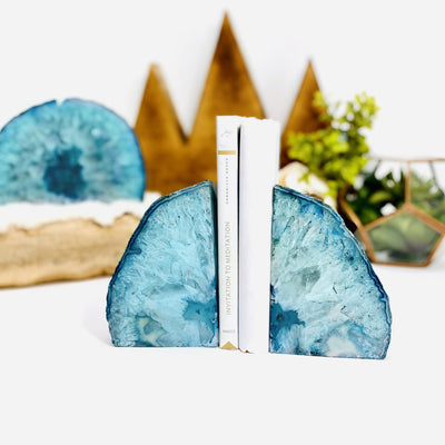 Blue Agate Book End holding books in an alter. 