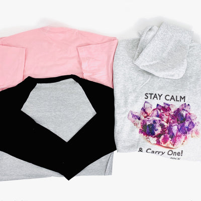 back view of Stay Calm and Carry One t shirt, baseball shirts, and hoodie