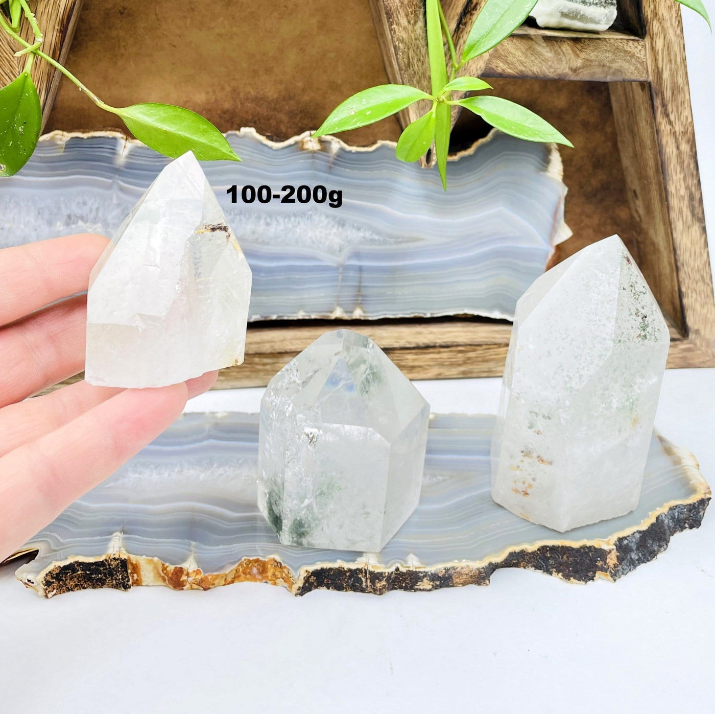 100-200g semi-polished quartz with chlorite point in hand for size reference with others on display