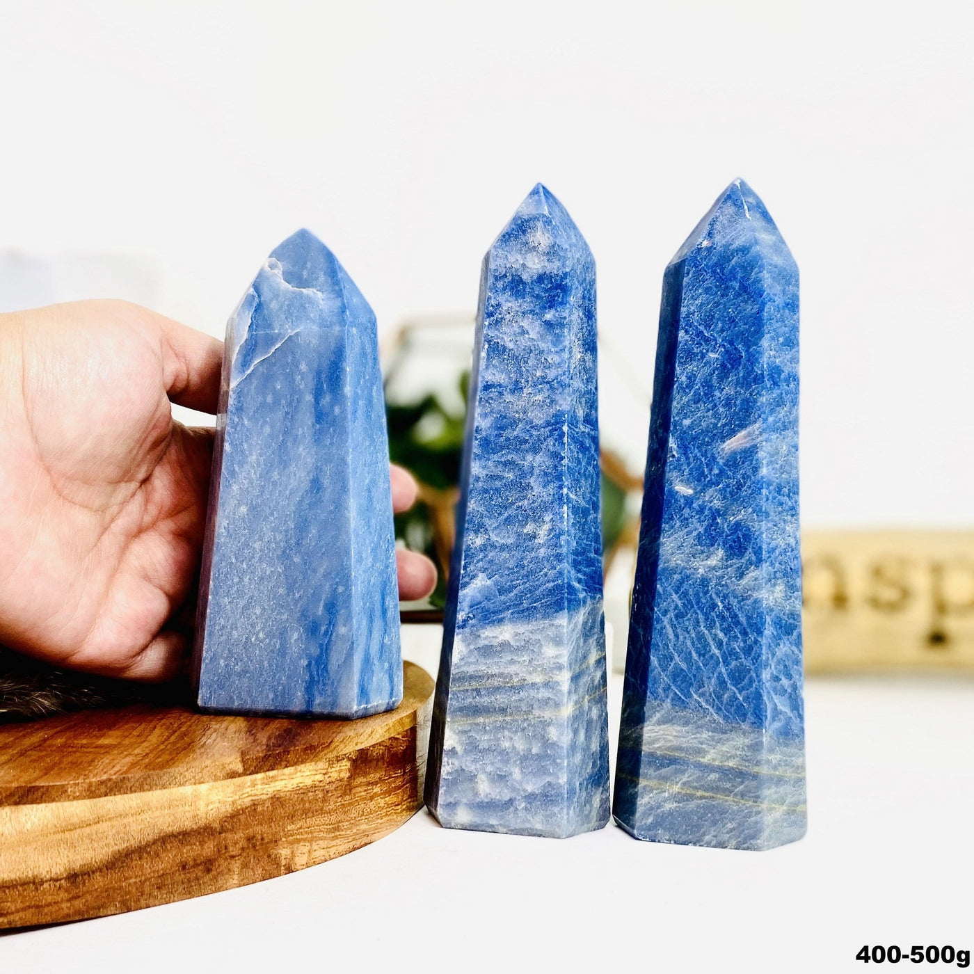 Three Blue Quartz Tower Points weighing at 400-500g in a variety of sizes