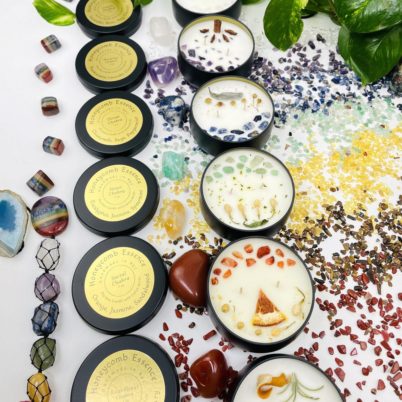 Different types of Chakra Candle Tins displayed with crystals and plants