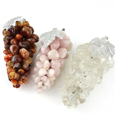 3 kinds of Polished Stone Grape Bunch with Silver Leaf , crystal Quartz, Rose Quartz and Carnelian at an angle