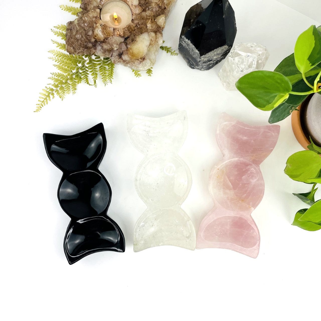 Stone Triple Moon Goddess Bowls, in each of the available stone:black obsidian, rose quartz and crystal quartz
