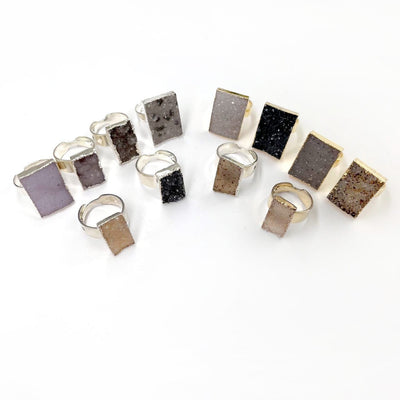Quartz Druzy Rectangle Adjustable Rings showing different shades of the druzy