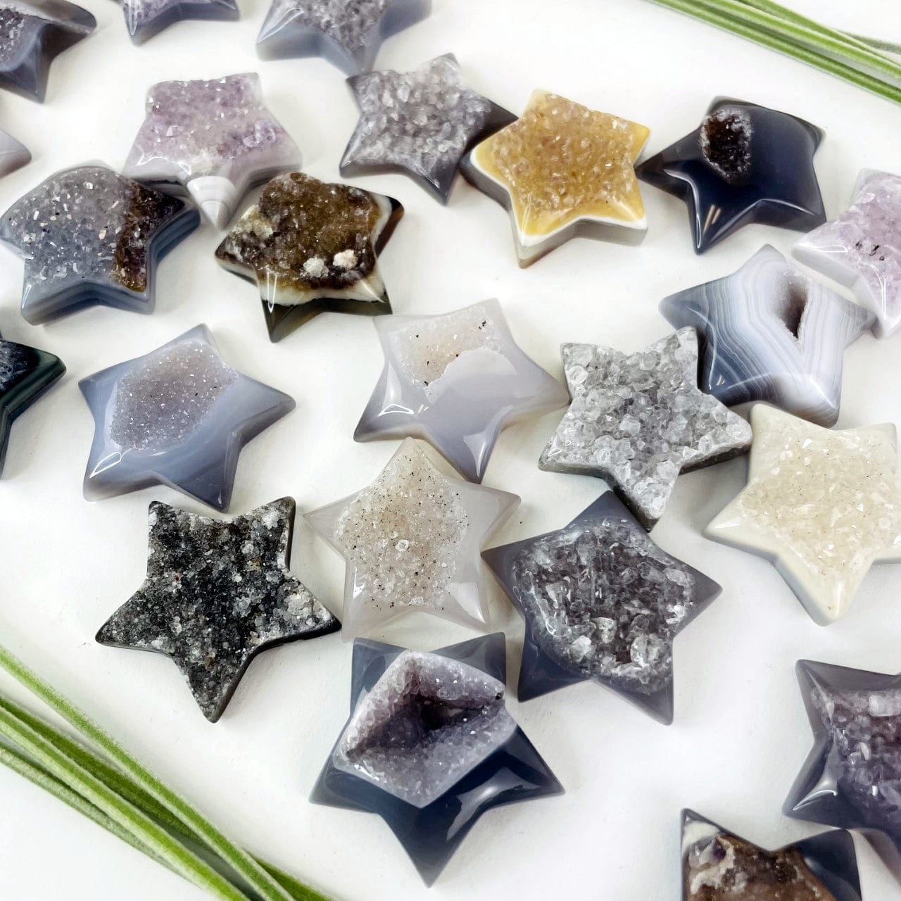  Close up of Multiple Natural Agate Druzy Star Cabochons showing color and pattern variations