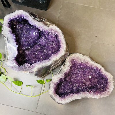 Amethyst Polished Cave Geode with a Lid open beside