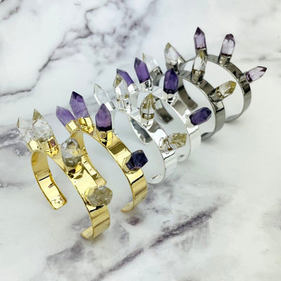 rystal Spike Point Cuff Bracelet come in  Silver or 24k Gold or Gunmetal Electroplated side view for size reference