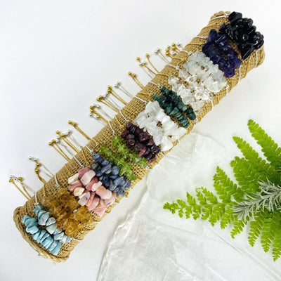 All Stone Bracelets - Birthstone - Gold over Sterling or Sterling Silver Adjustable Length stacked up on a holder