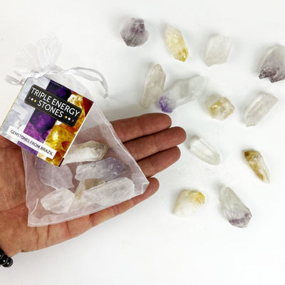 Triple Energy Set of Quartz, Amethyst and Citrine Points - Tied & Tagged in Organza Bag